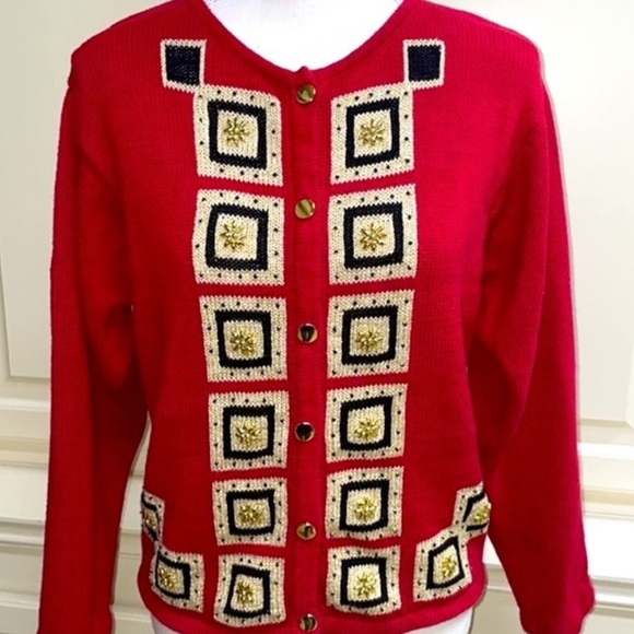 Vintage Red Knit Cardigan Geometric Squares Gold Button Front Retro Sweater M - Picture 1 of 10